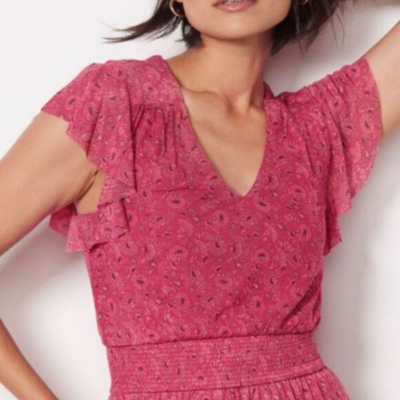 EVEREVE Elena Short Sleeve Floral V Neck MIdi Dress Pink Size Medium - Picture 7 of 14